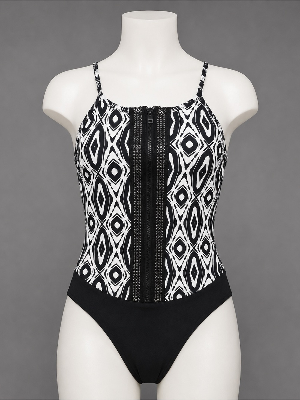 Vintage bebe XS TP Black White Sexy Shiny Chain Zipper Accent Bodysuit Unitard